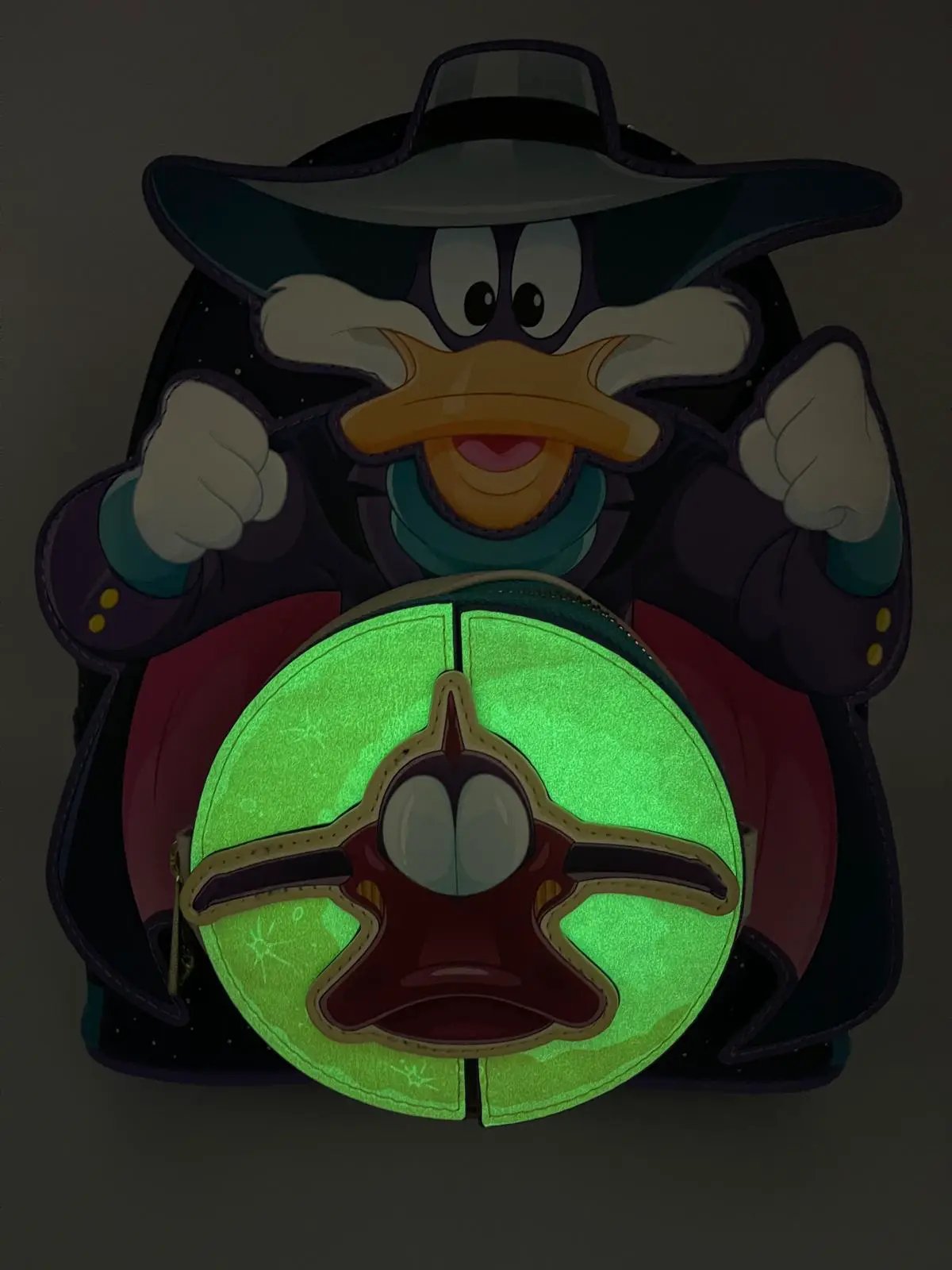 Pato Darkwing Loungefly Mochila Mini backpack with glow-in-the-dark green front panel