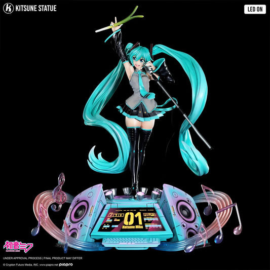 Miku 1/6 Kitsune Statue figure by KITSUNE; turquoise hair, teal/black outfit, wielding a microphone on a futuristic base