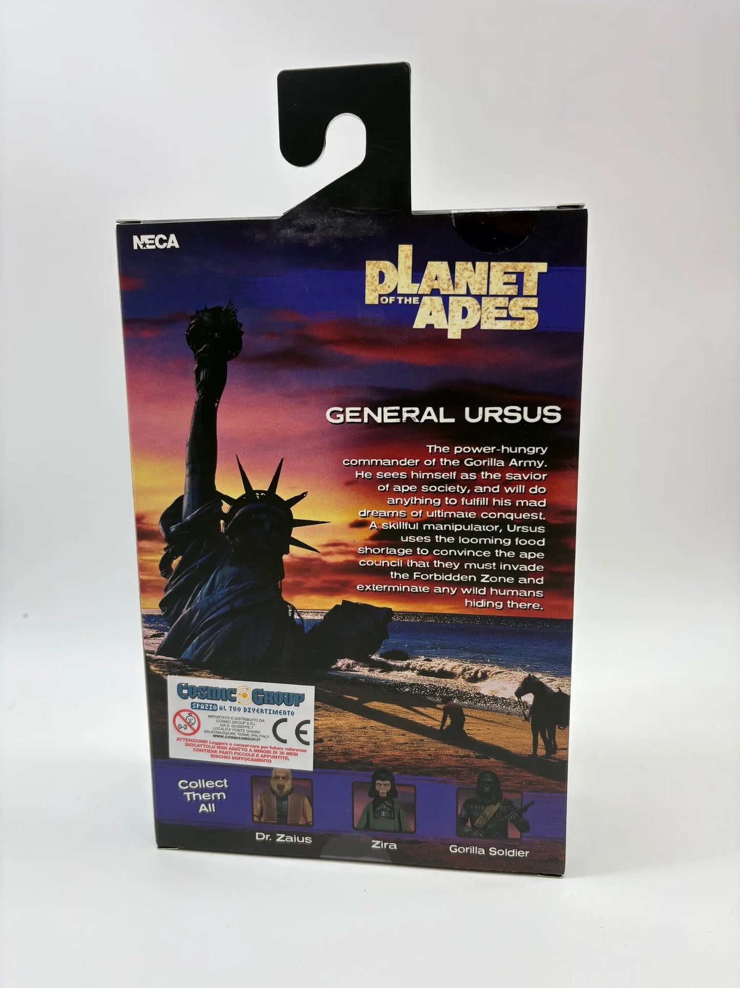 Planet of the Apes General Ursus 18 cm action figure by NECA, packaging features sunset Liberty statue artwork.