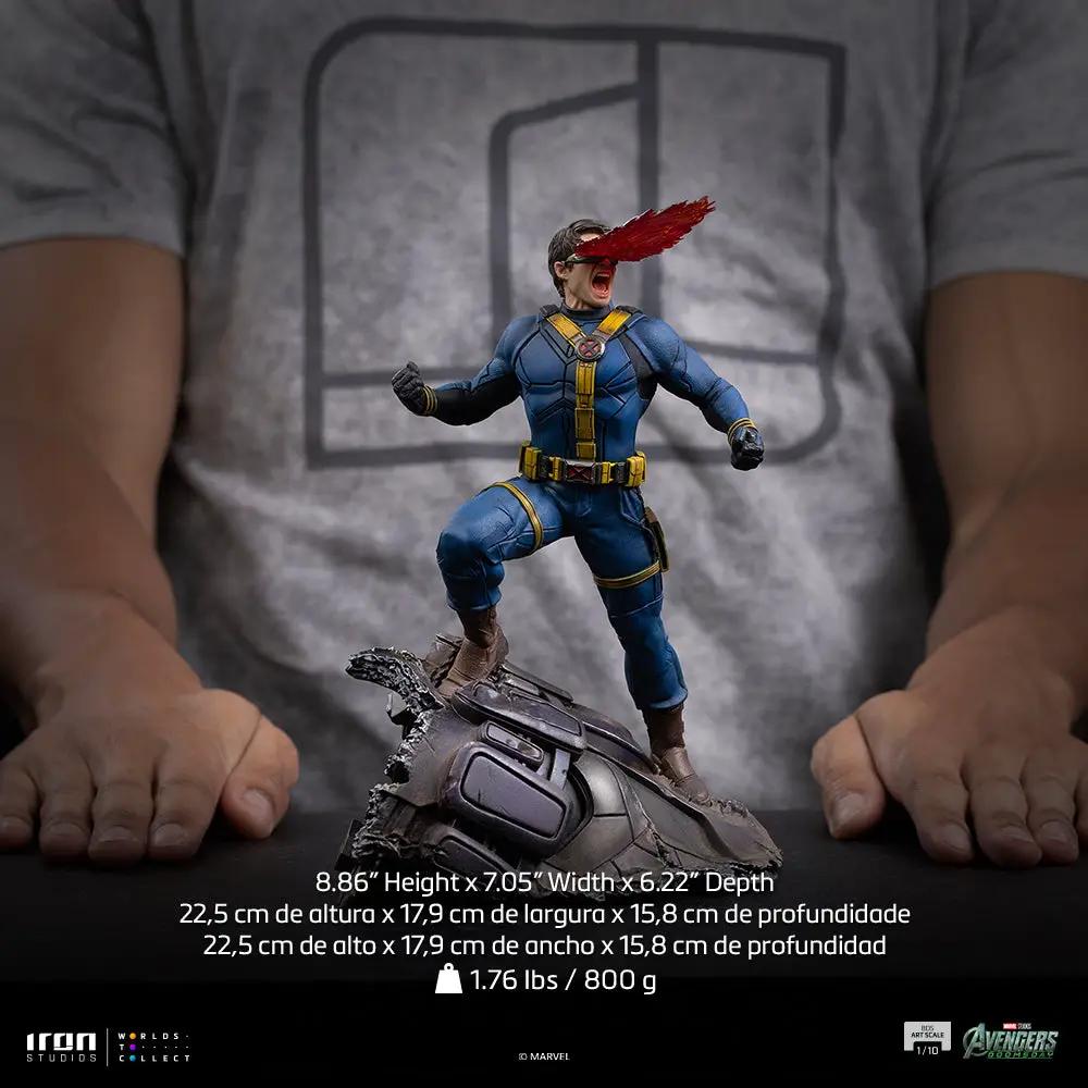Statue Cyclops by Iron Studios, blue X-Men suit, on a damaged vehicle base, 1/10 scale.