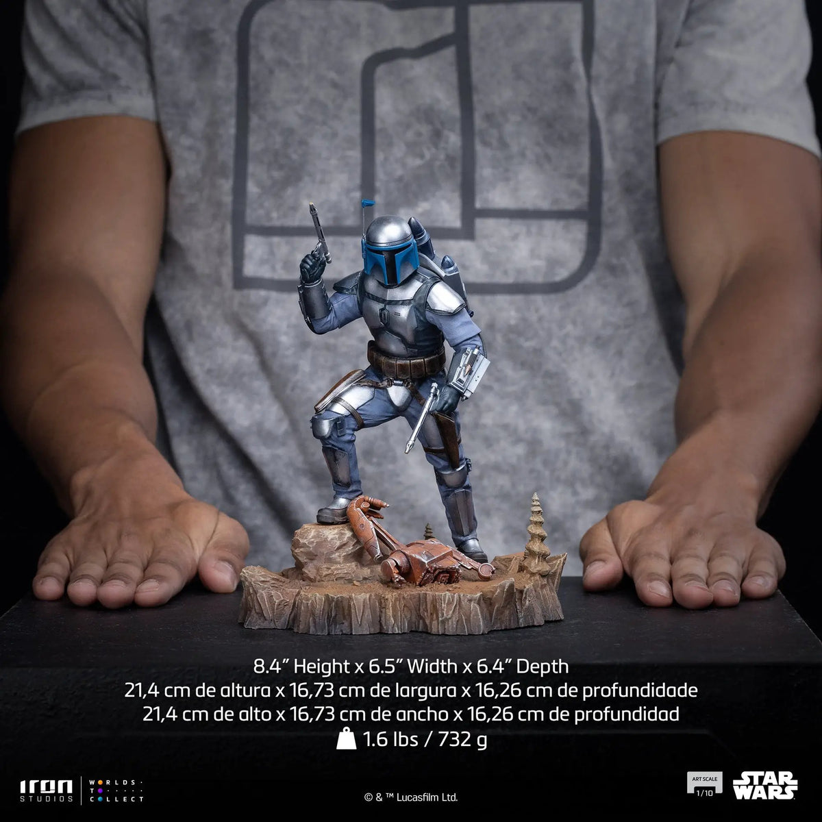 Jango Fett statue, Star Wars 1/10 scale by Iron Studios, blue armor figure on rocky base