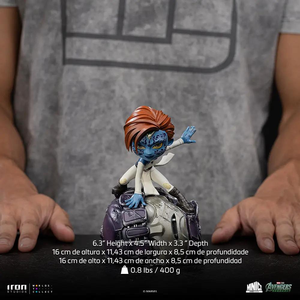 Statue Mystique Minico by Iron Studios; blue-skinned X-Men figure with red hair in a white lab coat on a purple base