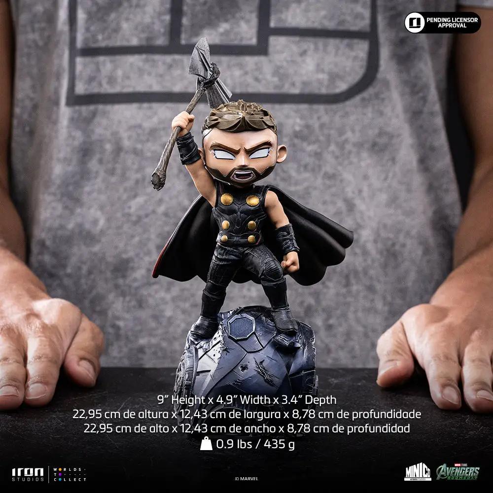 Statue Thor Minico by Iron Studios; chibi Thor in black armor with cape on rocky base