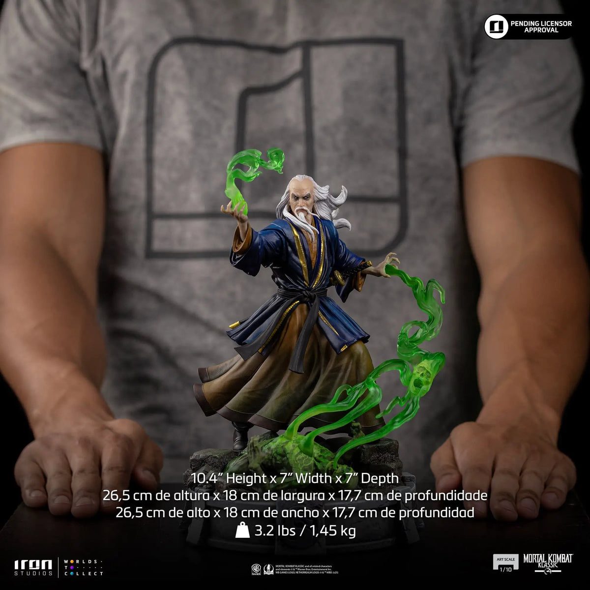 Shang Tsung Mortal Kombat statue by Iron Studios, Art Scale 1/10; blue robe with green energy effects.
