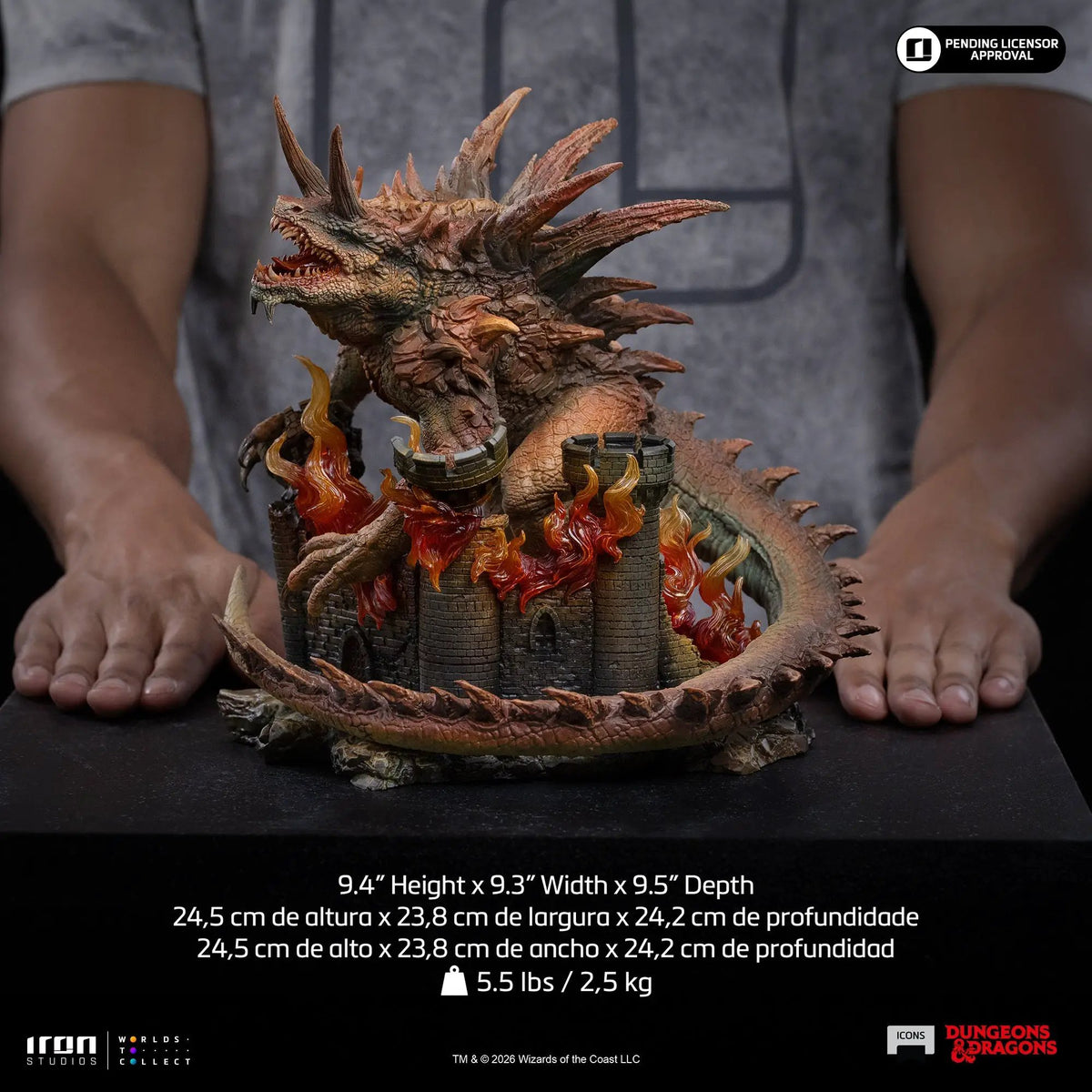 Statue Tarrasque by Iron Studios Icons, D&D; brown textured monster atop a flaming castle tower.