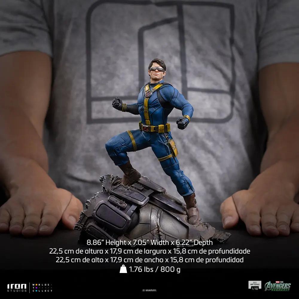 Statue Cyclops from Avengers: Doomsday by Iron Studios, BDS Art Scale 1/10; blue suit with yellow accents on metal base.