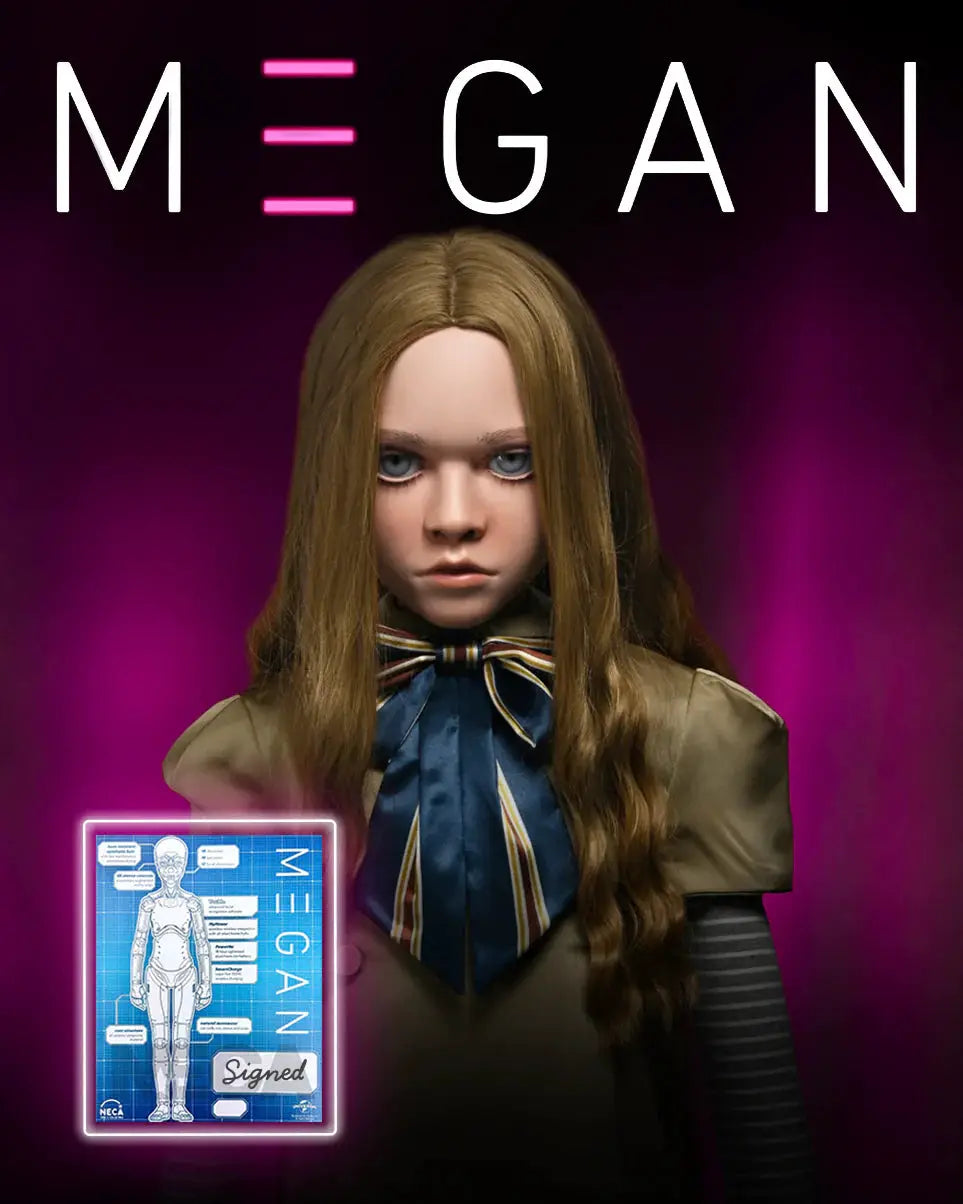 Megan replica doll by NECA, life-size 140 cm figure, with blue signed blueprint card