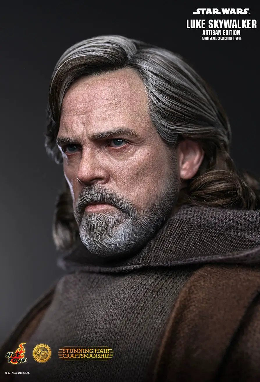 HOT TOYS Luke Skywalker 1/6 scale Artisan Edition action figure; close-up head sculpt with gray hair and brown robe.