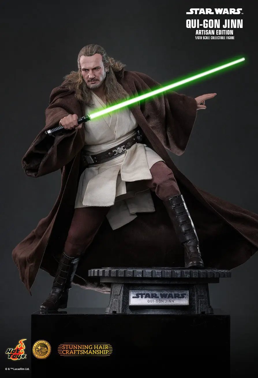 Hot Toys Star Wars Qui-Gon Jinn Artisan Edition 1/6 scale action figure with green lightsaber and brown robe