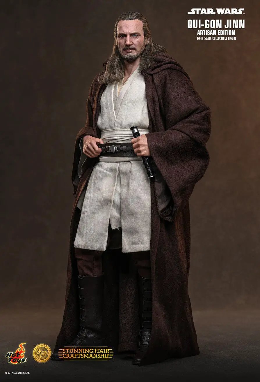 Star Wars Qui-Gon Jinn action figure by HOT TOYS, Artisan Edition, 1/6 scale with brown cloak and light tunic