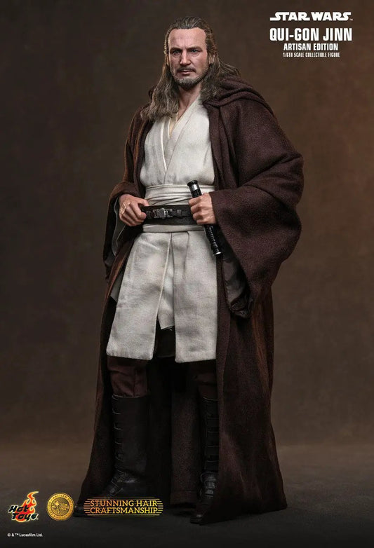 Star Wars Qui-Gon Jinn action figure by HOT TOYS, Artisan Edition, 1/6 scale with brown cloak and light tunic