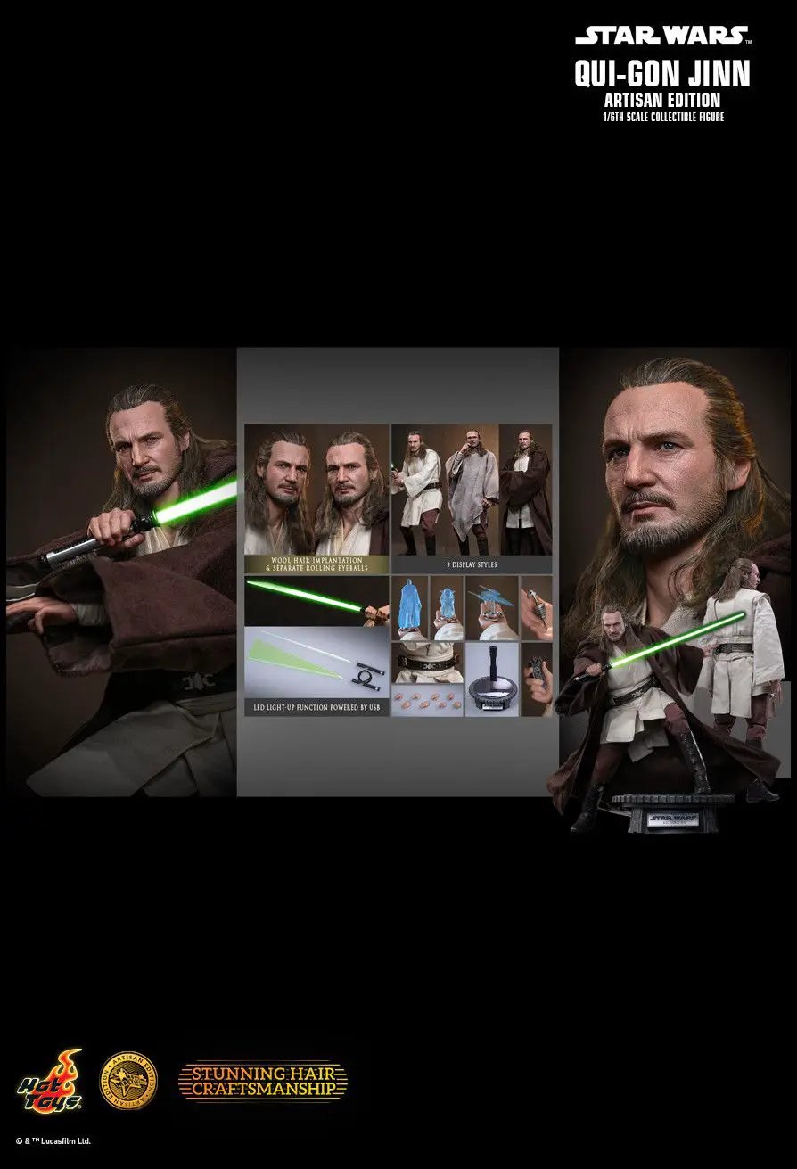 Hot Toys Star Wars Qui-Gon Jinn Artisan Edition 1/6-scale action figure, 32 cm tall, with green lightsaber