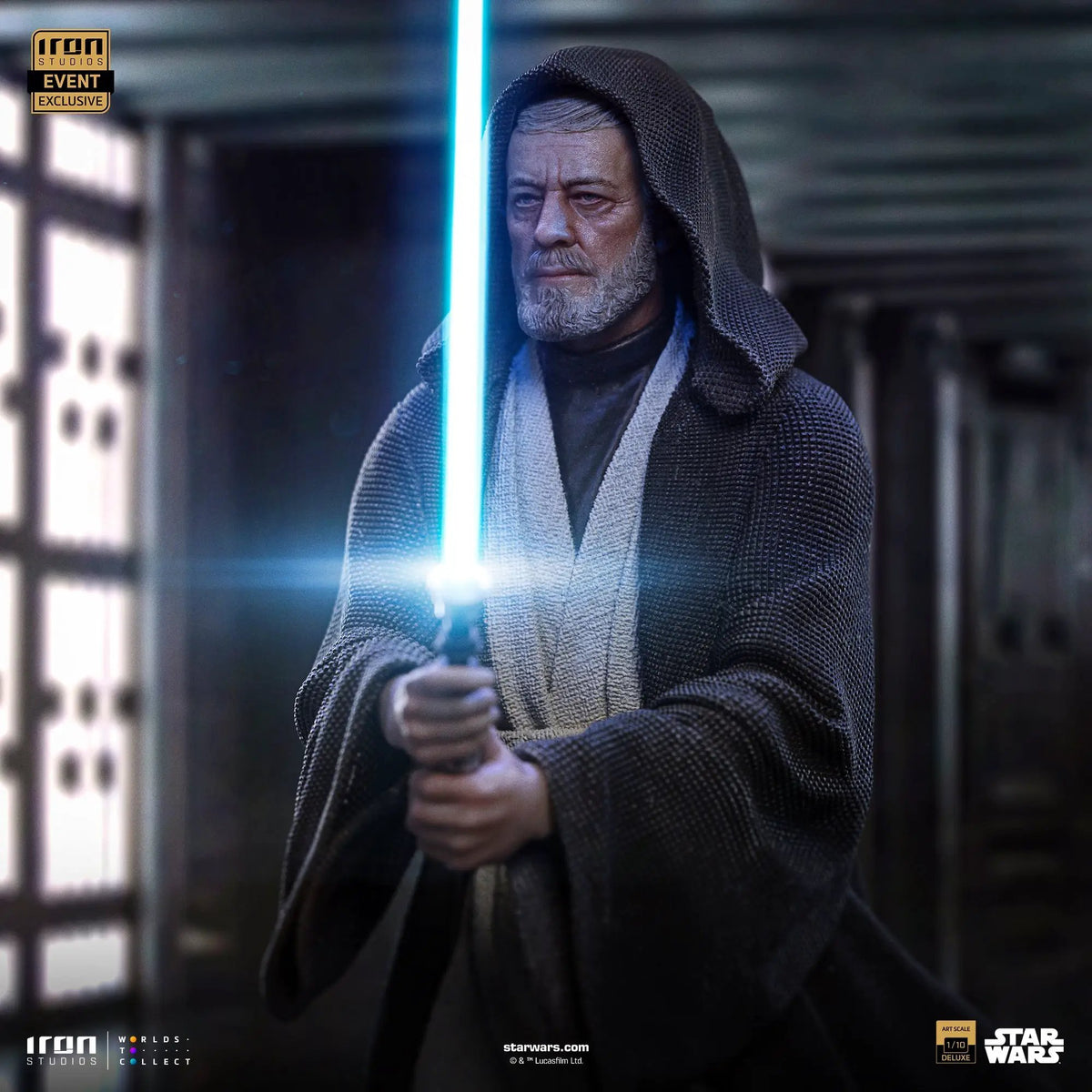 Statue of Obi-Wan Kenobi with blue lightsaber, hooded robe; Iron Studios Art Scale 1/10