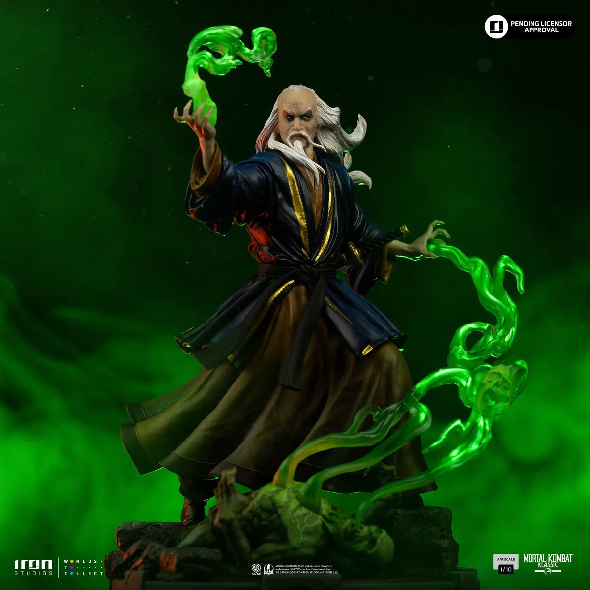 Statue Shang Tsung from Mortal Kombat, Iron Studios Art Scale 1/10, detailed robe, white hair, green energy swirl.
