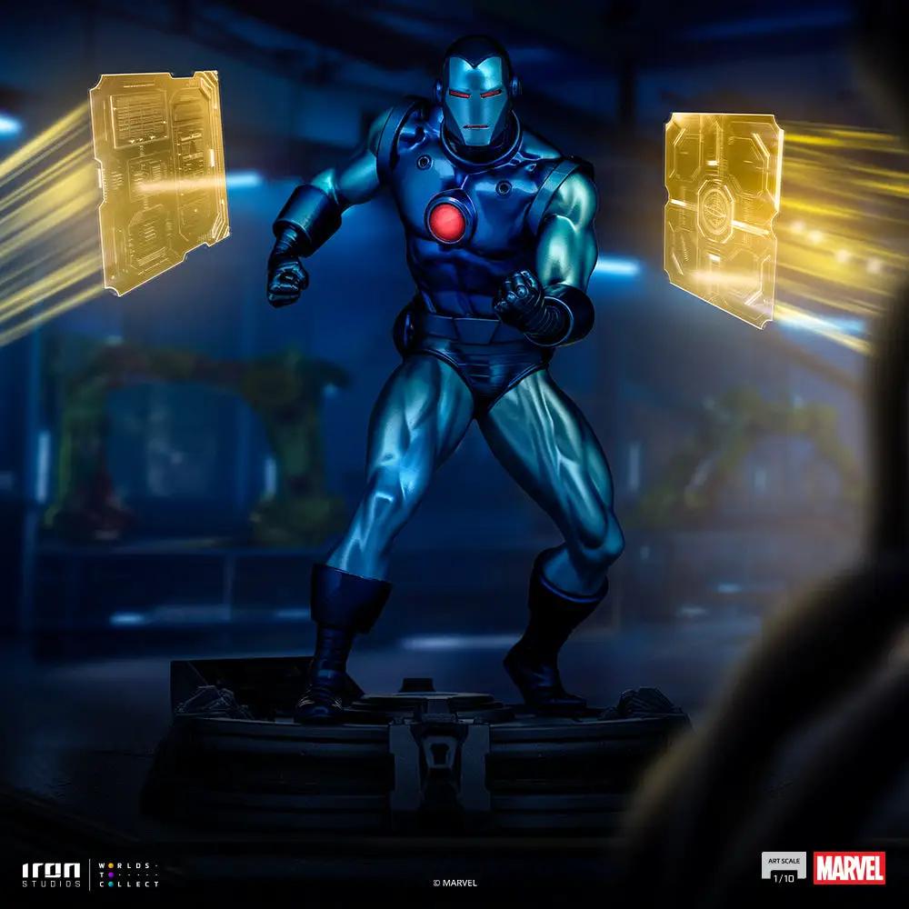 Statue Iron Man Stealth by Iron Studios; blue metallic armor with red chest reactor, two yellow energy panels.