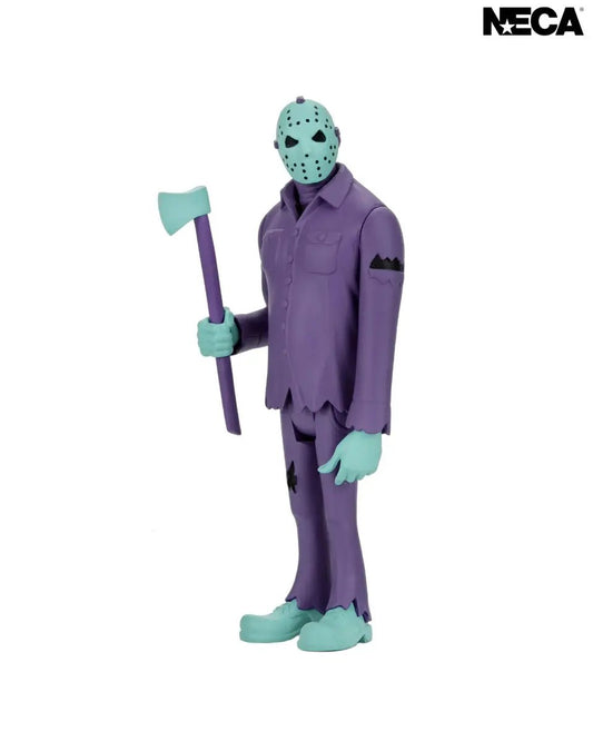 Friday the 13th Jason action figure by NECA, purple outfit with teal mask and gloves, holding an axe.