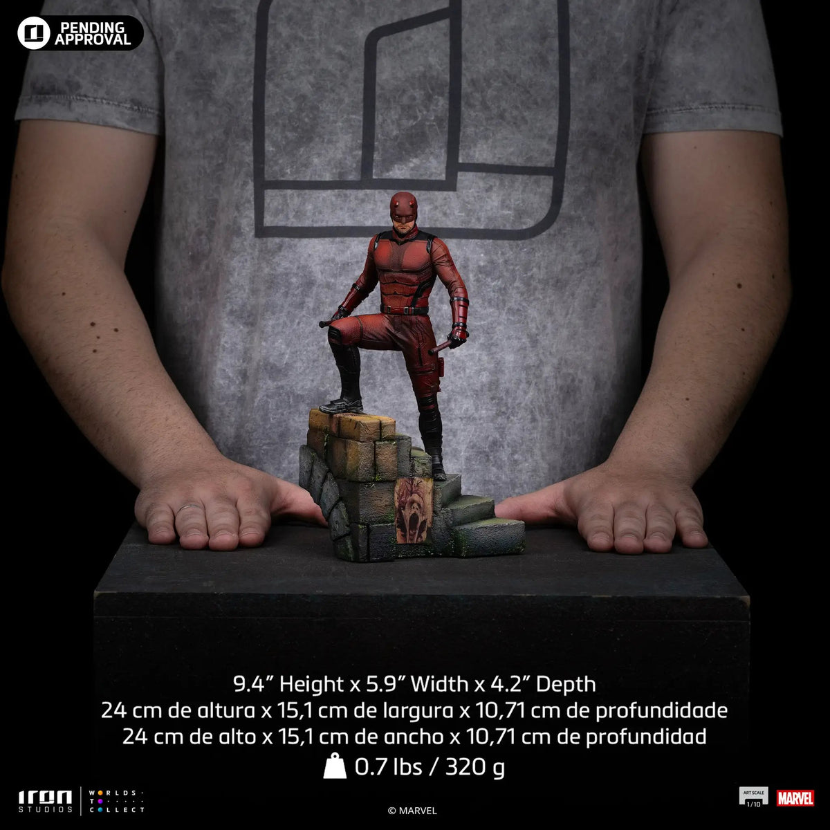 Statue Daredevil from Daredevil: Born Again by Iron Studios, Art Scale 1/10; red-suited figure on a stone pedestal