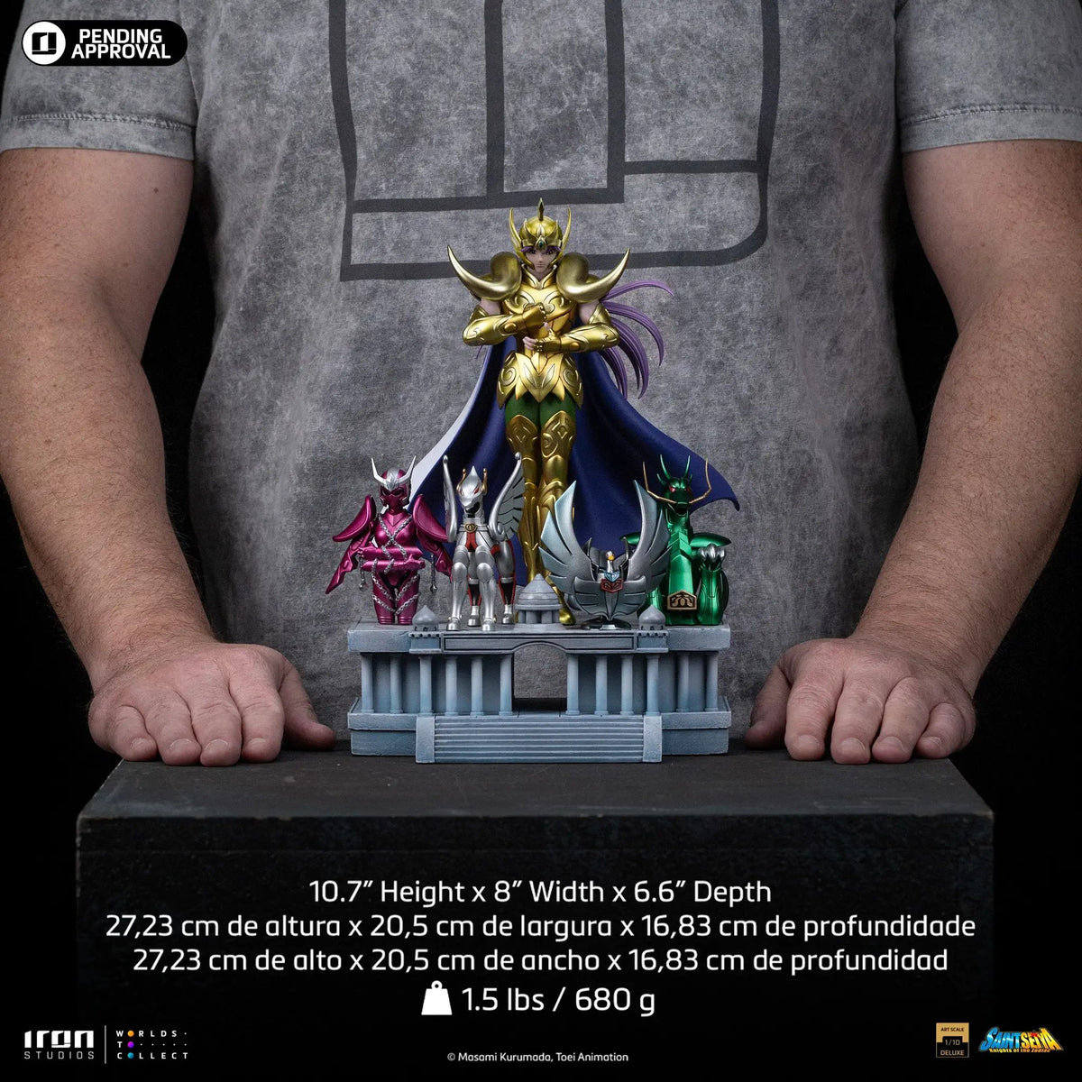 Statue Aries Mu from Saint Seiya by Iron Studios, Deluxe Art Scale 1/10 with gold armor and purple cape.