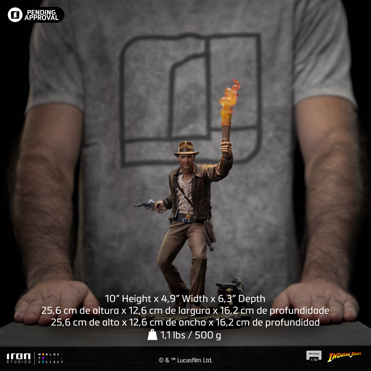 Indiana Jones statue by Iron Studios, Art Scale 1/10, detailed tan outfit with a flaming torch.
