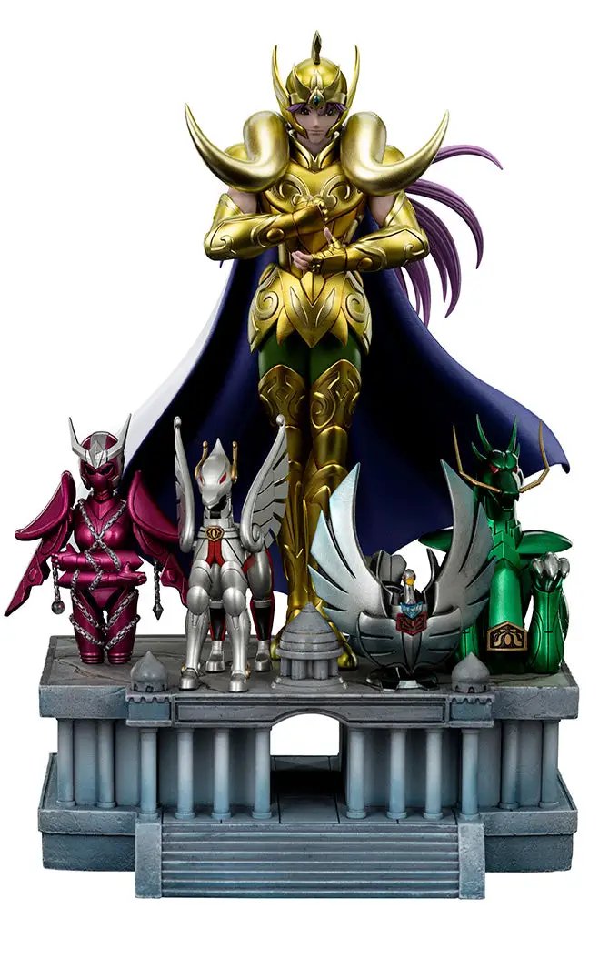 Statue Aries Mu gold-armored Deluxe Art Scale 1/10 by Iron Studios with five accompanying figures on temple base