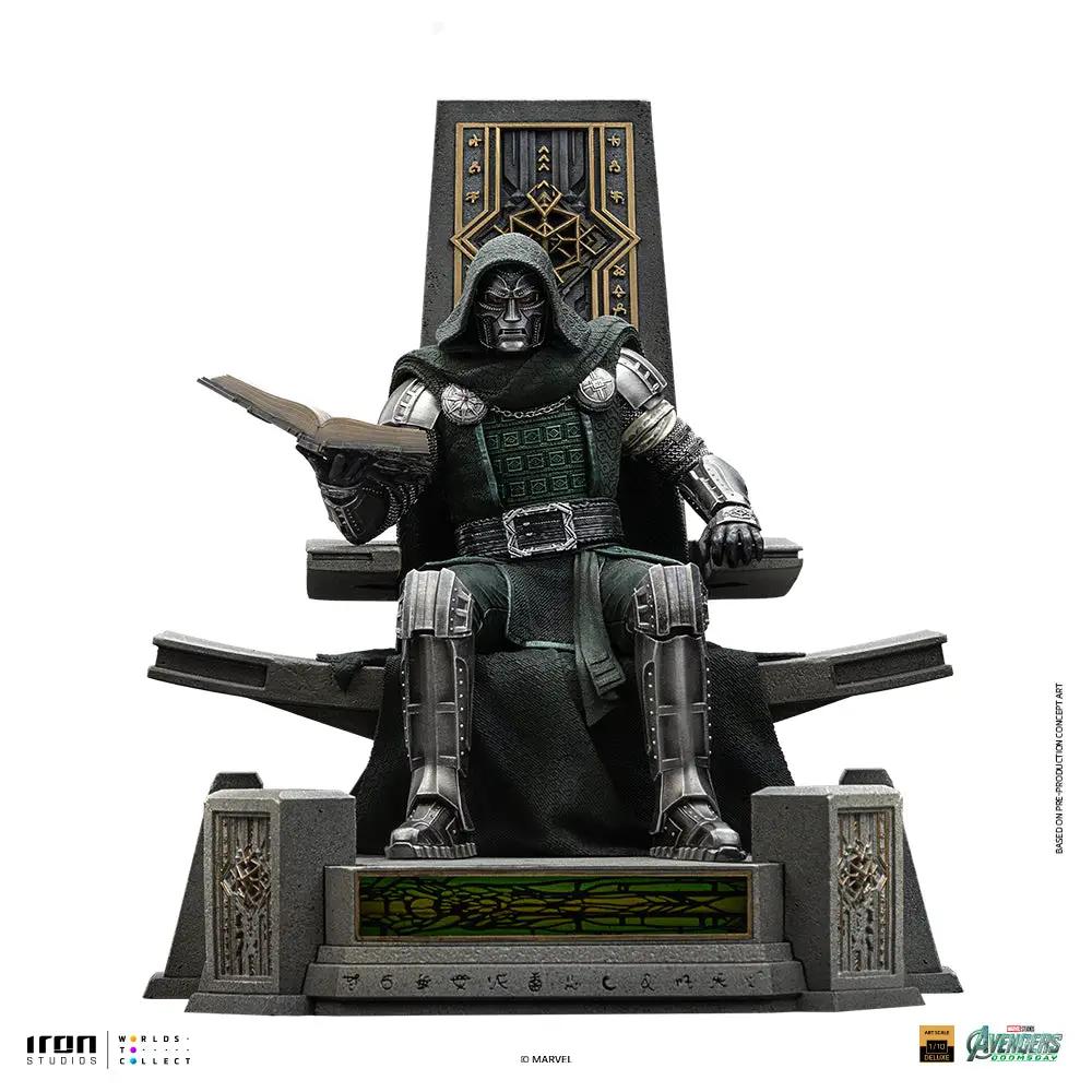Statue of Doctor Doom on throne from Avengers: Doomsday, in green armor, holding a book, 1/10 scale by Iron Studios.
