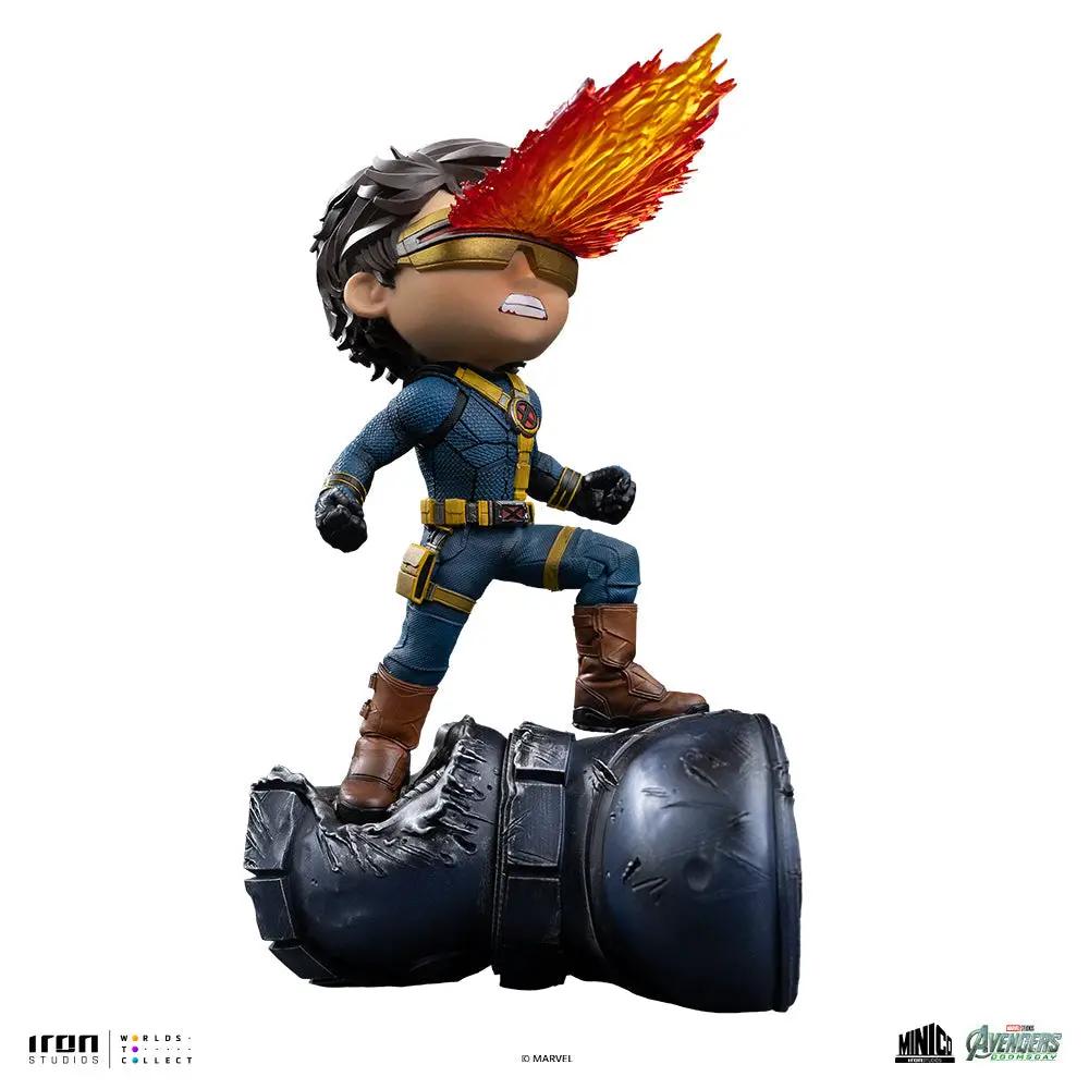 Statue Cyclops Minico by Iron Studios; Avengers: Doomsday, blue suit, fiery optic blast, on a damaged base.
