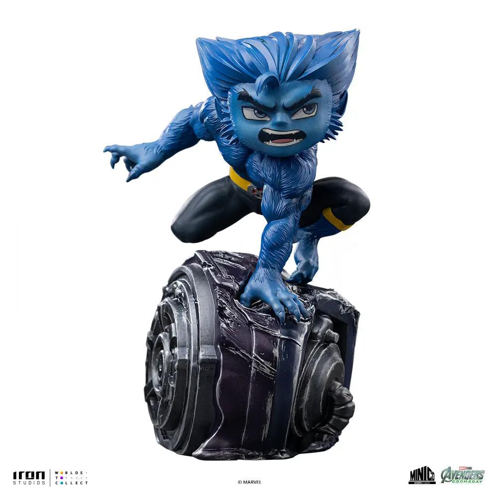 Statue Beast Minico by IRON STUDIOS; blue figure crouching on cracked metal base