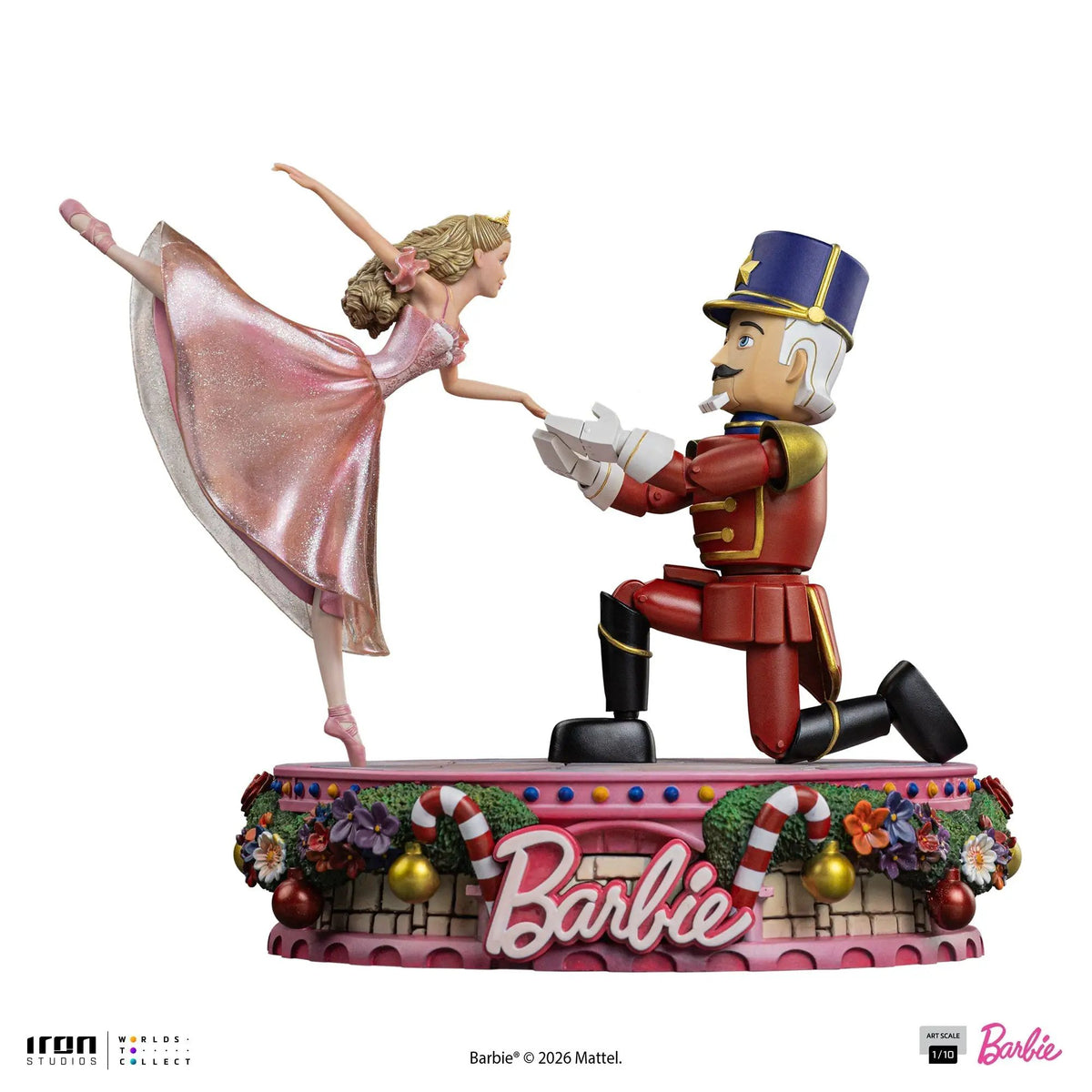 Barbie Nutcracker statue set with two figures by Iron Studios, 1/10 scale; pink glitter Barbie dancing with a Nutcracker.