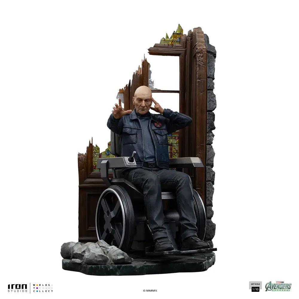 Statue Professor Xavier in wheelchair with ruined wall backdrop, Iron Studios 1/10 scale