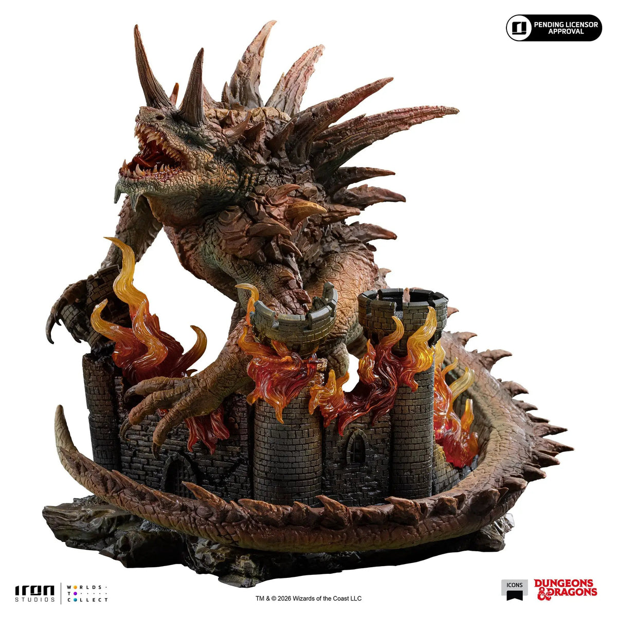 Statue Tarrasque from Iron Studios Icons line; a D&D collectible on a brick fortress base with lava flames