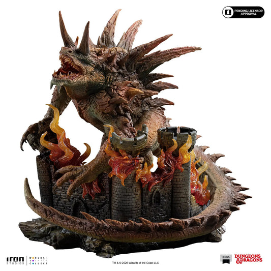 Statue Tarrasque from Iron Studios Icons line; a D&D collectible on a brick fortress base with lava flames