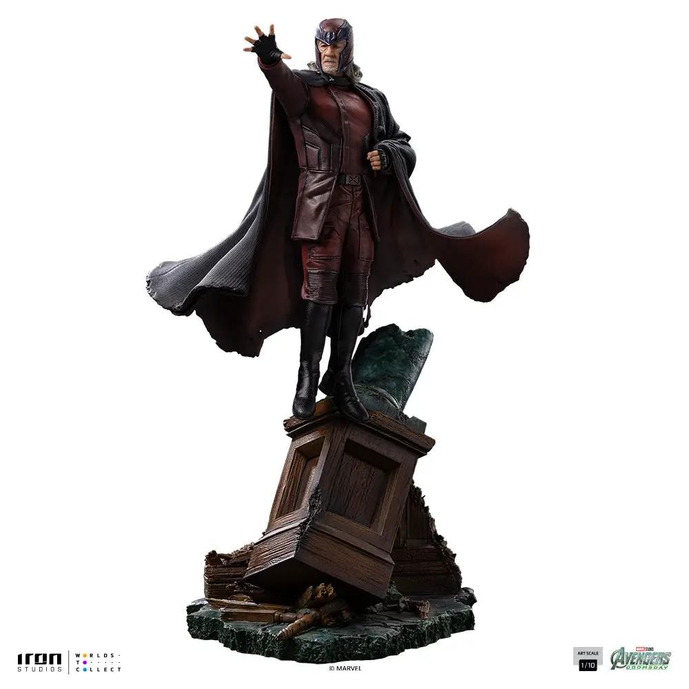 Statue Magneto from Marvel Avengers Doomsday by Iron Studios; red cape on a ruined pedestal