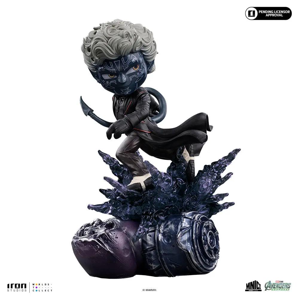 Statue Nightcrawler Minico by Iron Studios, black cape, blue-skinned with facial markings, on dark crystal base.