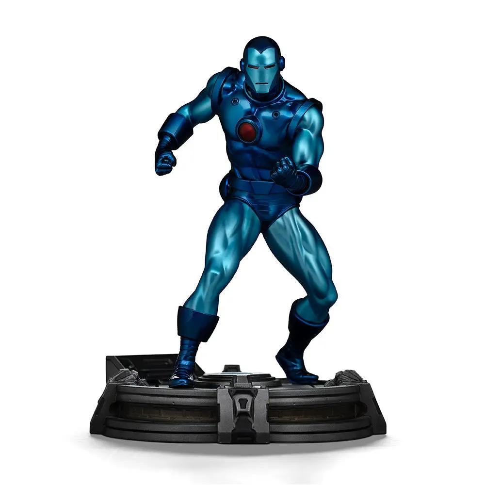 Statue Iron Man Stealth by Iron Studios, blue metallic armor, Marvel Comics 1/10 scale on a detailed base.