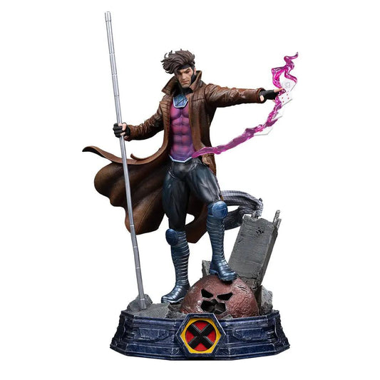 Statue Gambit Unleashed X-Men, Art Scale 1/10, by Iron Studios, with brown trench coat and pink energy.