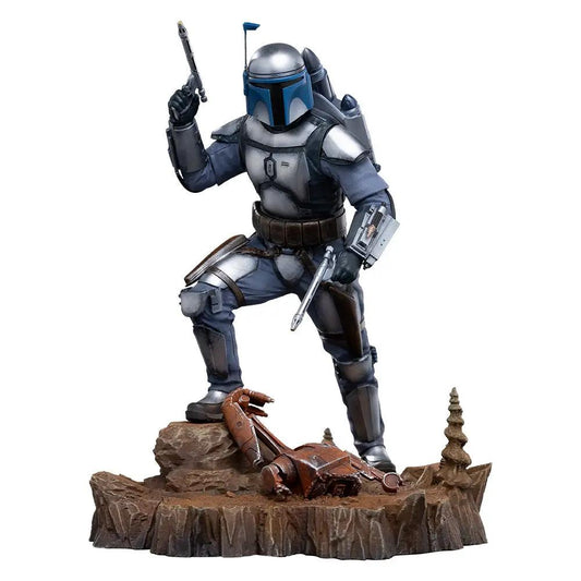 Statue Jango Fett by IRON STUDIOS, Star Wars Art Scale 1/10, blue armor with pistol raised on base beside a fallen droid