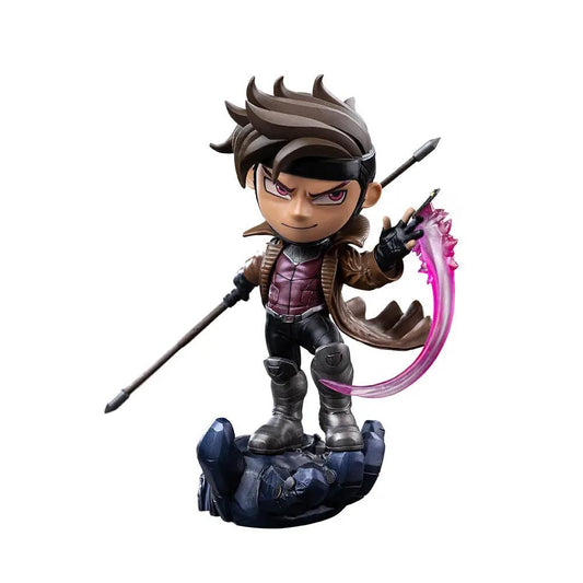 Statue Gambit by Iron Studios; chibi figure with brown coat, pink energy blade, on rocky base