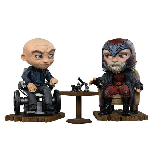 Statue set: Xavier and Magneto Minico figures from Avengers: Doomsday by Iron Studios, with a table and chess pieces.