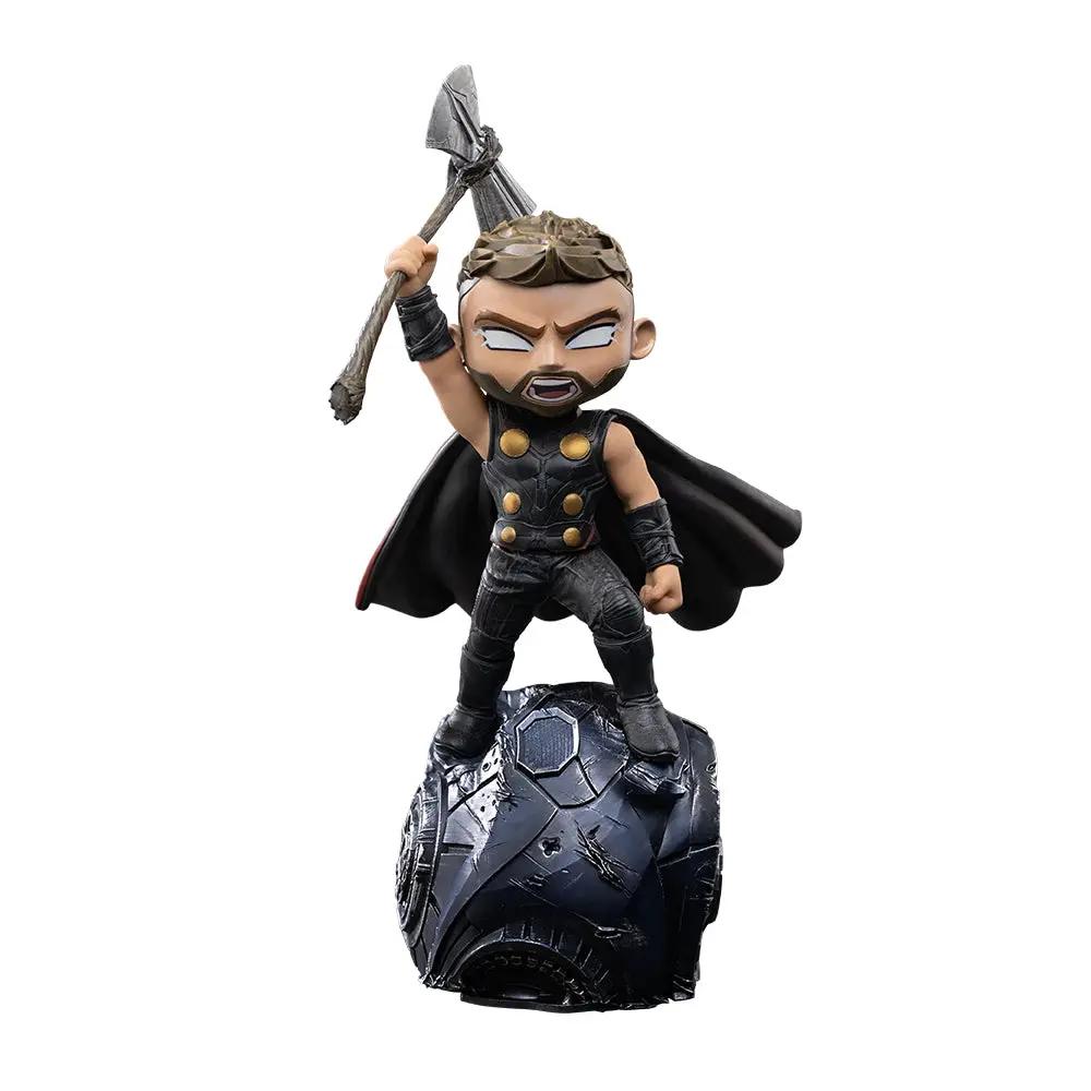 Statue Thor mini figure by Iron Studios Minico, black armor with gold accents, cape, raised hammer on rocky base.
