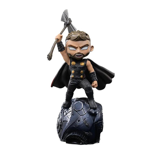 Statue Thor mini figure by Iron Studios Minico, black armor with gold accents, cape, raised hammer on rocky base.