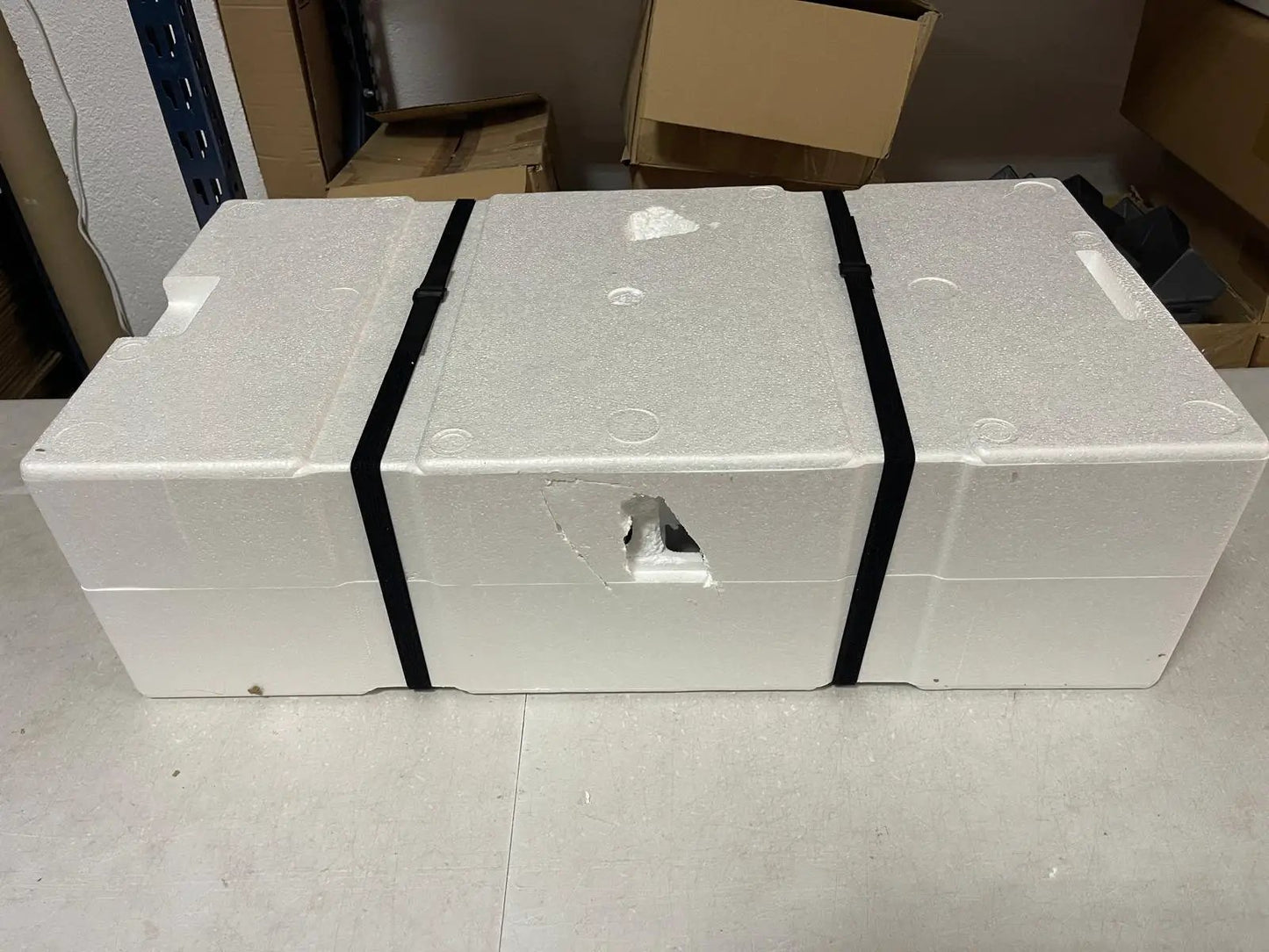 Space 1999 Eagle 1976 retro Mattel edition playset foam packaging; white styrofoam crate with two black straps