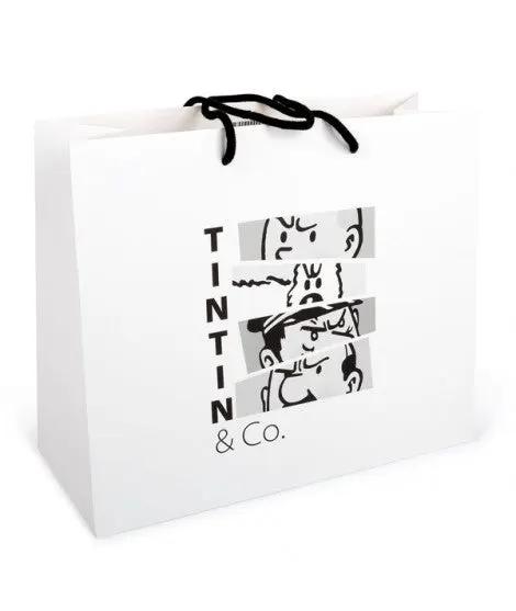 Bolsa de papel reciclado Tintín & Co, blanca con asas negras y diseño de tiras cómicas, 35x30x14 cm
