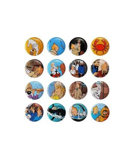 MOULINSART Tintin metal lapel pins, 24 circular badges, 3 cm diameter.