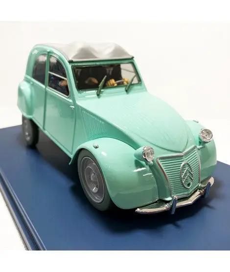 Coche de colección MOULINSART 2CV Tintin, escala 1/24, verde menta con techo blanco sobre base azul