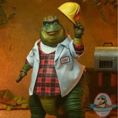 NECA Dinosaurs Ultimate Earl Sinclair 18 cm action figure wearing red plaid shirt and jacket, holding yellow hard hat