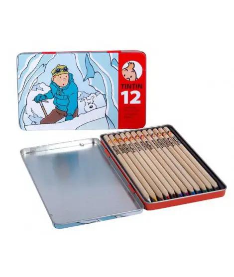 Estuche metálico MOULINSART con 12 lápices de colores Tibet, diseño Tintin en la tapa y almacenamiento ordenado en interior