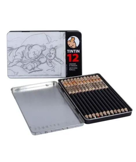 Estuche metálico MOULINSART Tintin con 12 lápices de colores HB para croquis.