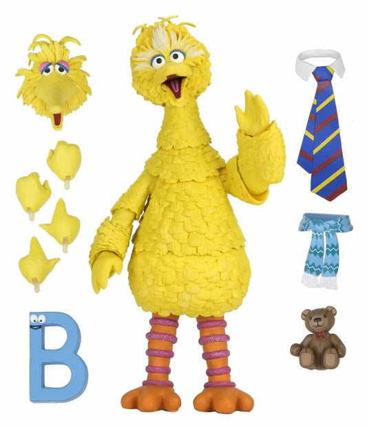 NECA Sesame Street Big Bird Ultimate Action Figure con cabeza y plumas intercambiables, corbata y osito