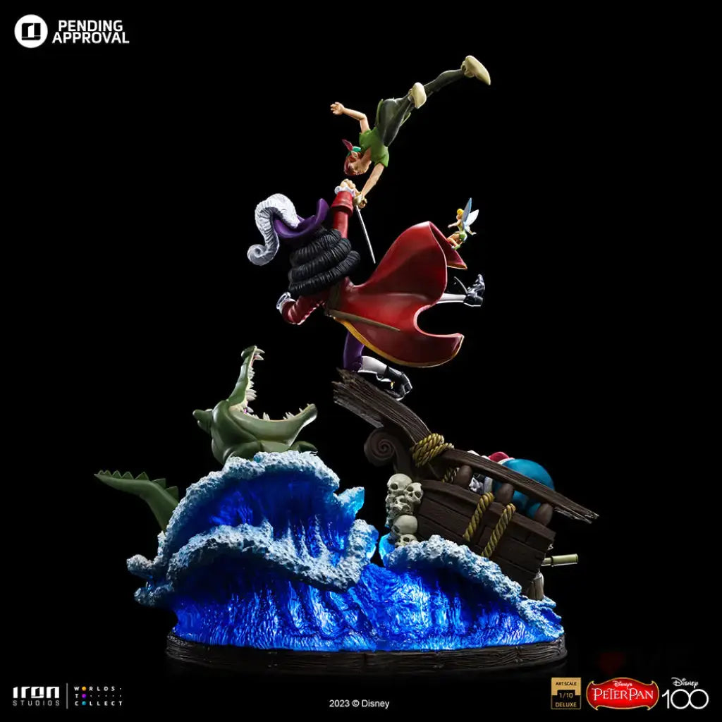 Disney Peter Pan vs Hook 1/10 Deluxe Art Scale statue by Iron Studios on blue wave base with ship and crocodile, 42 cm