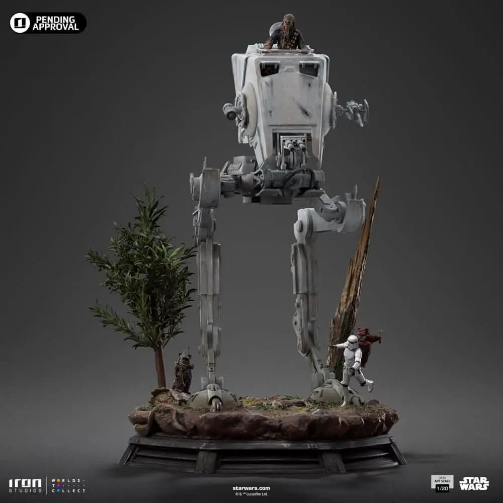 Statue Iron Studios two-figure set: AT-ST and Chewbacca from Star Wars, Demi Art Scale 1/20, on a rocky diorama base.